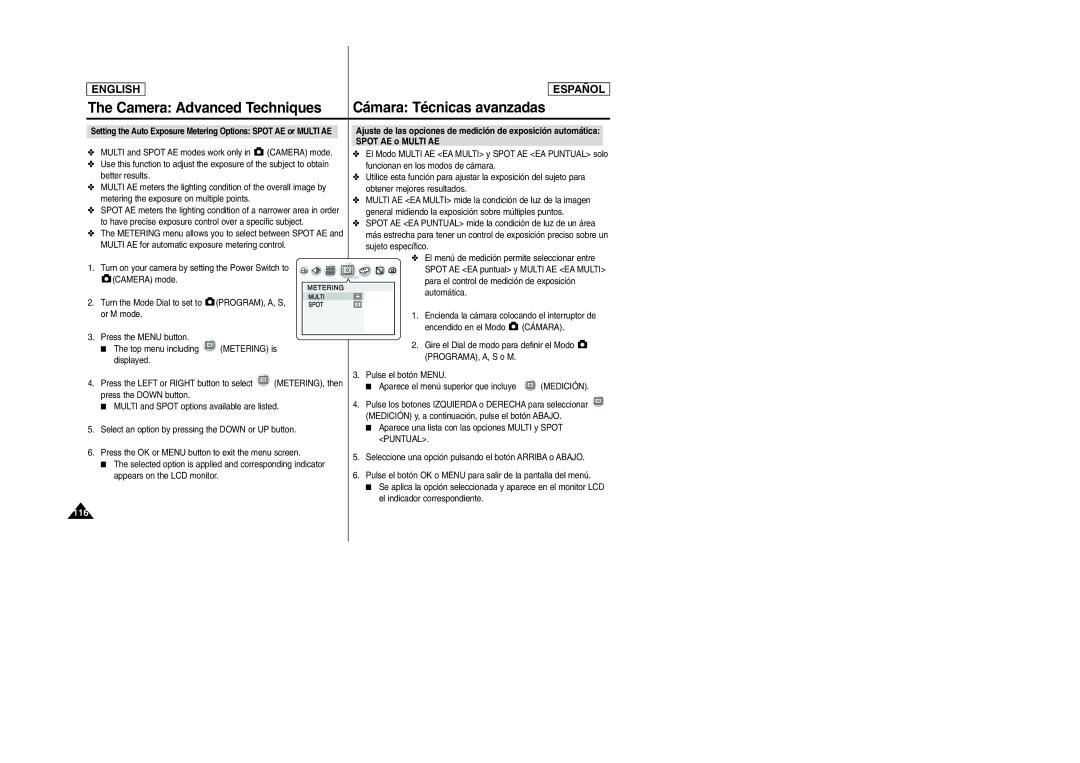 Samsung SCD6040, SCD6050 manual Spot AE o Multi AE, Program, A, S, Medición, Puntual 