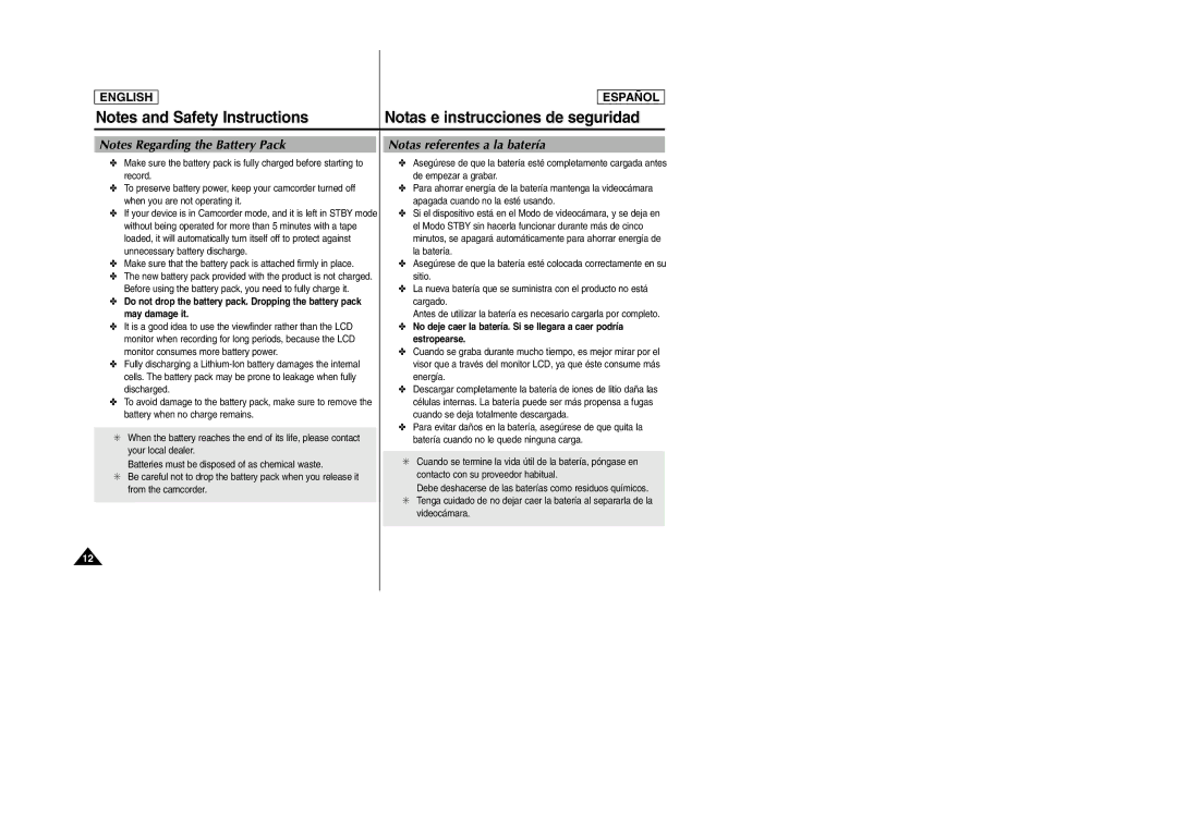 Samsung SCD6040, SCD6050 manual Notas e instrucciones de seguridad, Notas referentes a la batería 