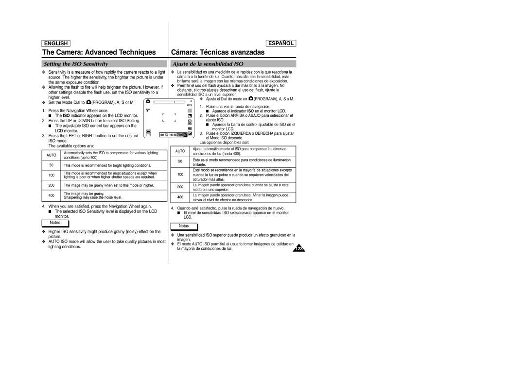 Samsung SCD6050, SCD6040 manual Setting the ISO Sensitivity Ajuste de la sensibilidad ISO 