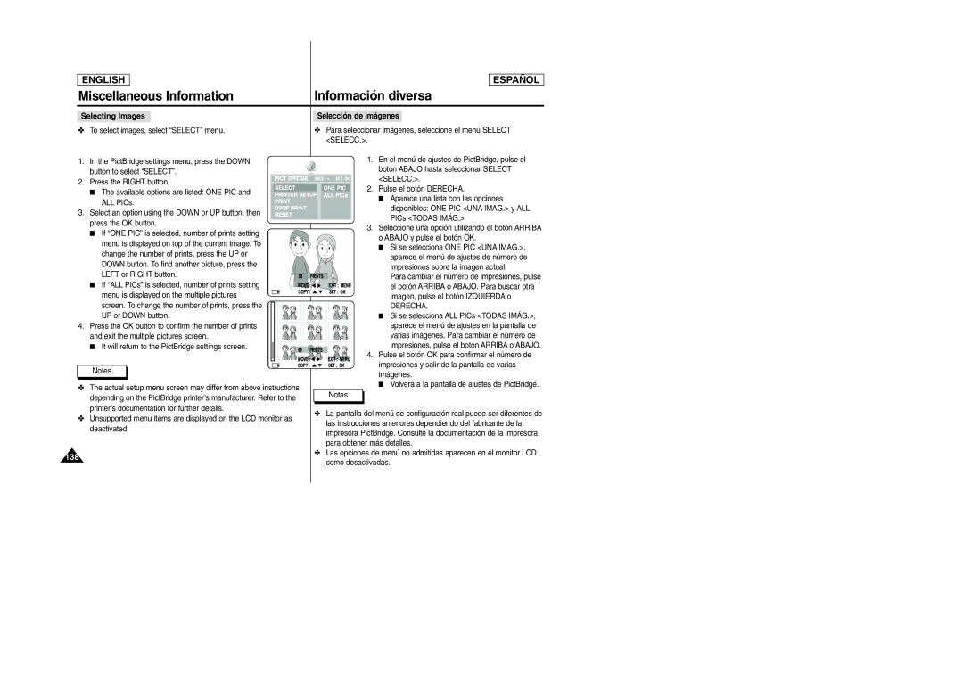 Samsung SCD6040 manual Selecting Images, Selección de imágenes, Para seleccionar imágenes, seleccione el menú Select Selecc 