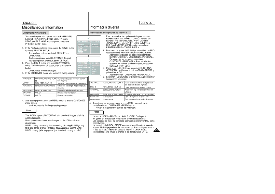 Samsung SCD6050 Customizing Print Options, LAYOUT, Paper TYPE, Print QUALITY, Date, Customize, Printer Setup CONFIG. Impr 