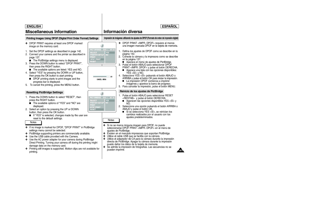 Samsung SCD6050, SCD6040 manual Miscellaneous Information Información diversa, Resetting PictBridge Settings 