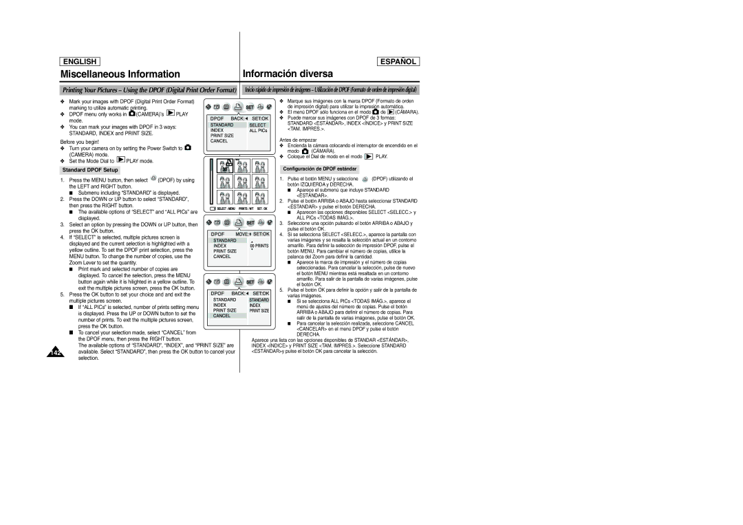 Samsung SCD6040, SCD6050 manual Standard Dpof Setup, Configuración de Dpof estándar 