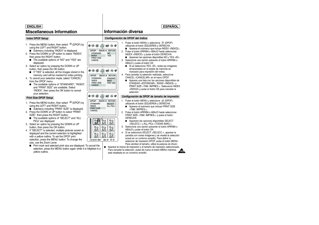 Samsung SCD6050 Index Dpof Setup, Print Size Dpof Setup, Yellow outline, Configuración de Dpof de tamaño de impresión 