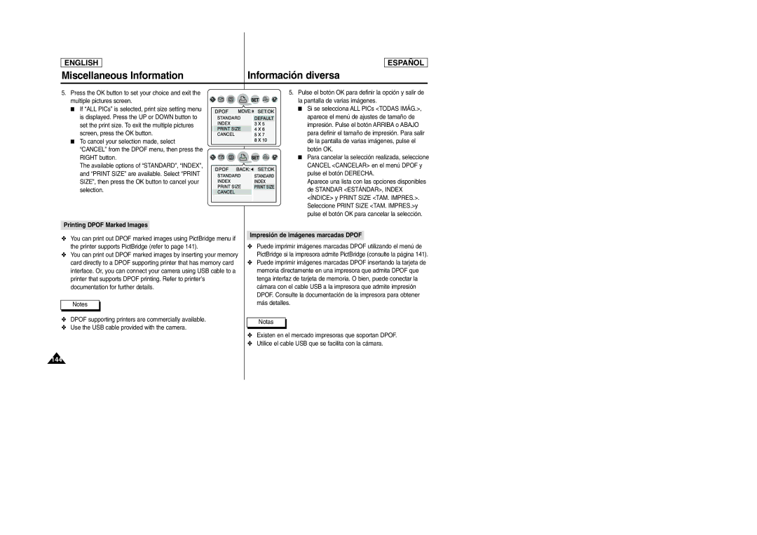 Samsung SCD6040, SCD6050 manual Printing Dpof Marked Images, Impresión de imágenes marcadas Dpof 