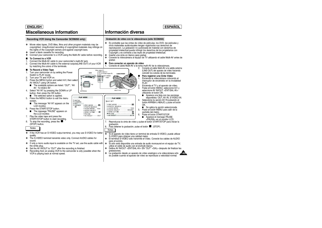 Samsung SCD6050, SCD6040 manual To Connect to a VCR, Para conectar un aparato de vídeo, To Record a Video Tape, In, S-Video 