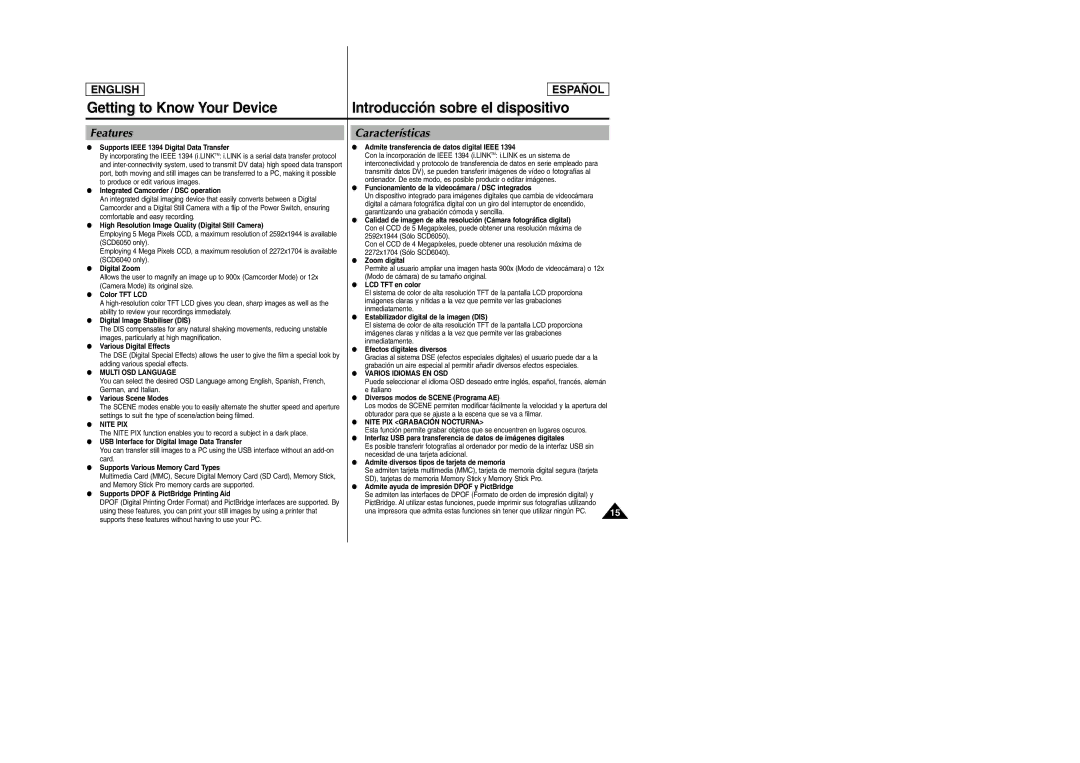 Samsung SCD6050, SCD6040 manual Getting to Know Your Device, Introducción sobre el dispositivo, Features, Características 