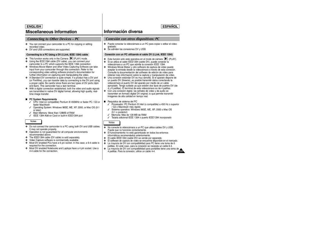 Samsung SCD6050, SCD6040 manual Connecting to Other Devices PC, Conexión con otros dispositivos PC, PC System Requirements 