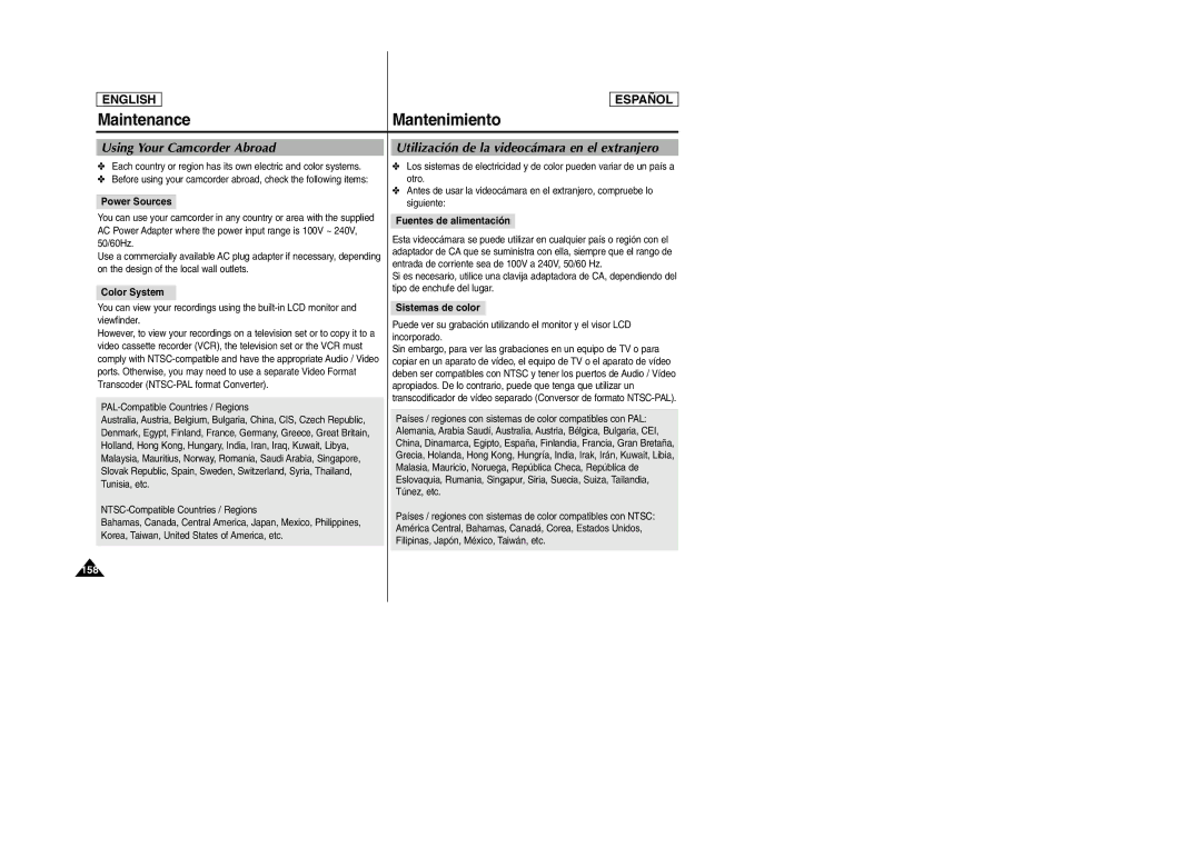 Samsung SCD6040, SCD6050 manual Using Your Camcorder Abroad, Utilización de la videocámara en el extranjero 