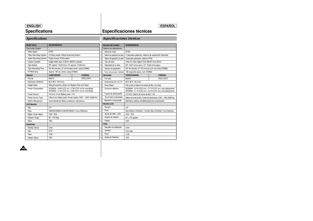 Samsung SCD6040, SCD6050 manual Specifications, Especificaciones técnicas 