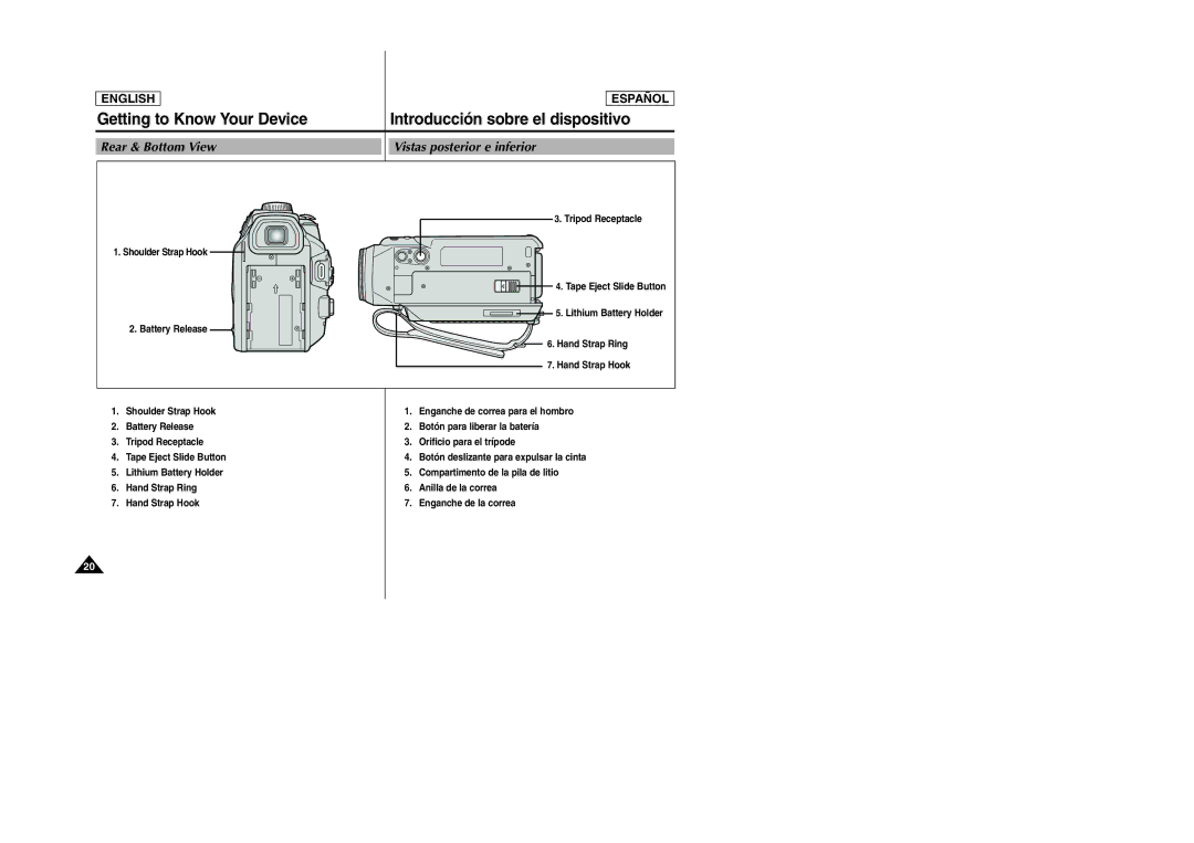 Samsung SCD6040 Rear & Bottom View Vistas posterior e inferior, Battery Release Tripod Receptacle Tape Eject Slide Button 