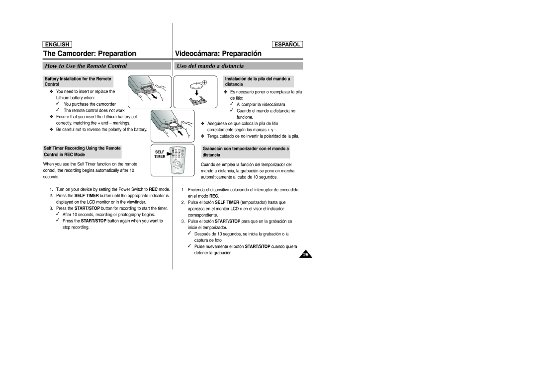 Samsung SCD6050, SCD6040 manual Camcorder Preparation, How to Use the Remote Control Uso del mando a distancia 