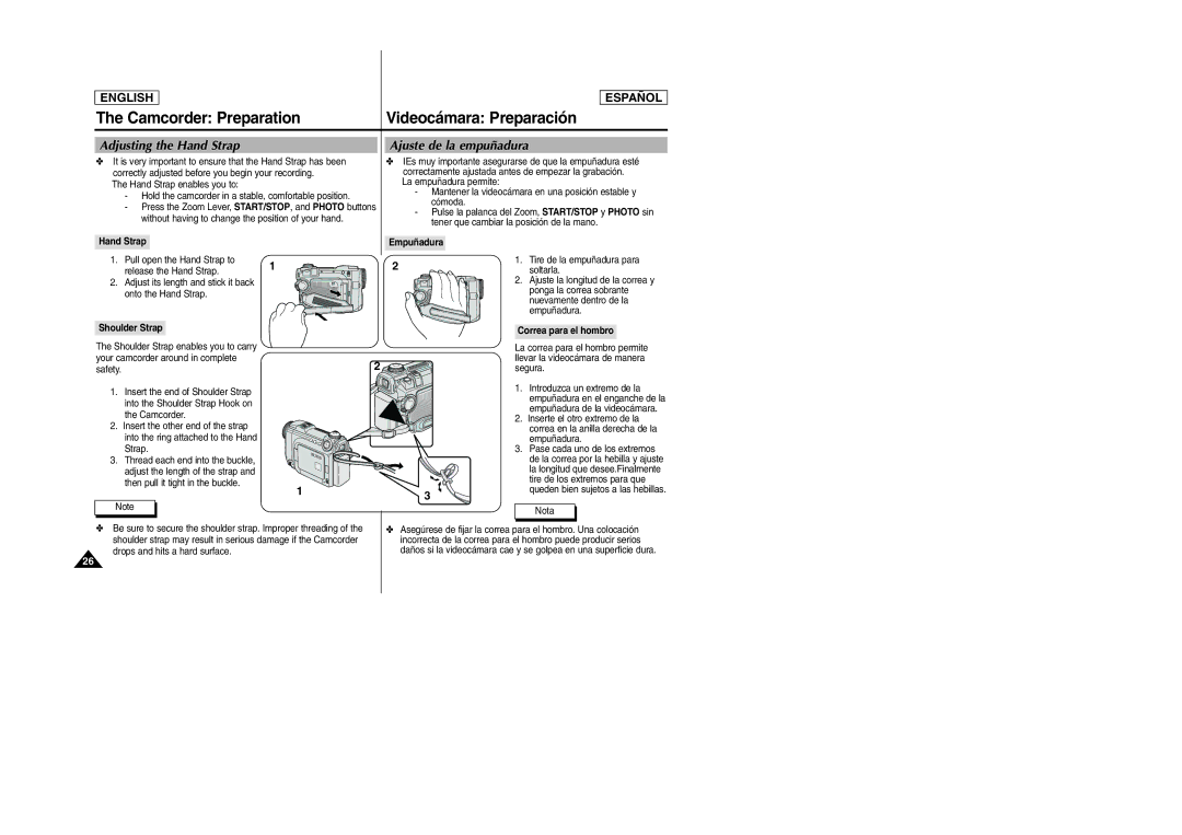 Samsung SCD6040, SCD6050 Camcorder Preparation, Videocámara Preparación, Adjusting the Hand Strap, Ajuste de la empuñadura 