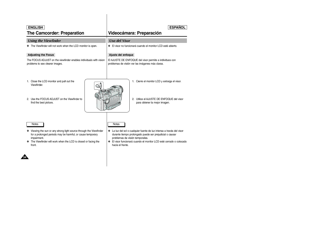 Samsung SCD6040, SCD6050 manual Using the Viewfinder Uso del Visor, Adjusting the Focus, Ajuste del enfoque 