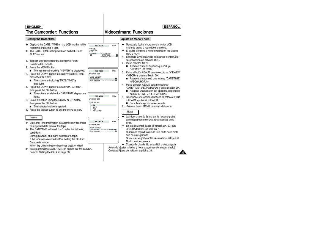 Samsung SCD6050, SCD6040 manual Setting the DATE/TIME, Ajuste de fecha y hora 