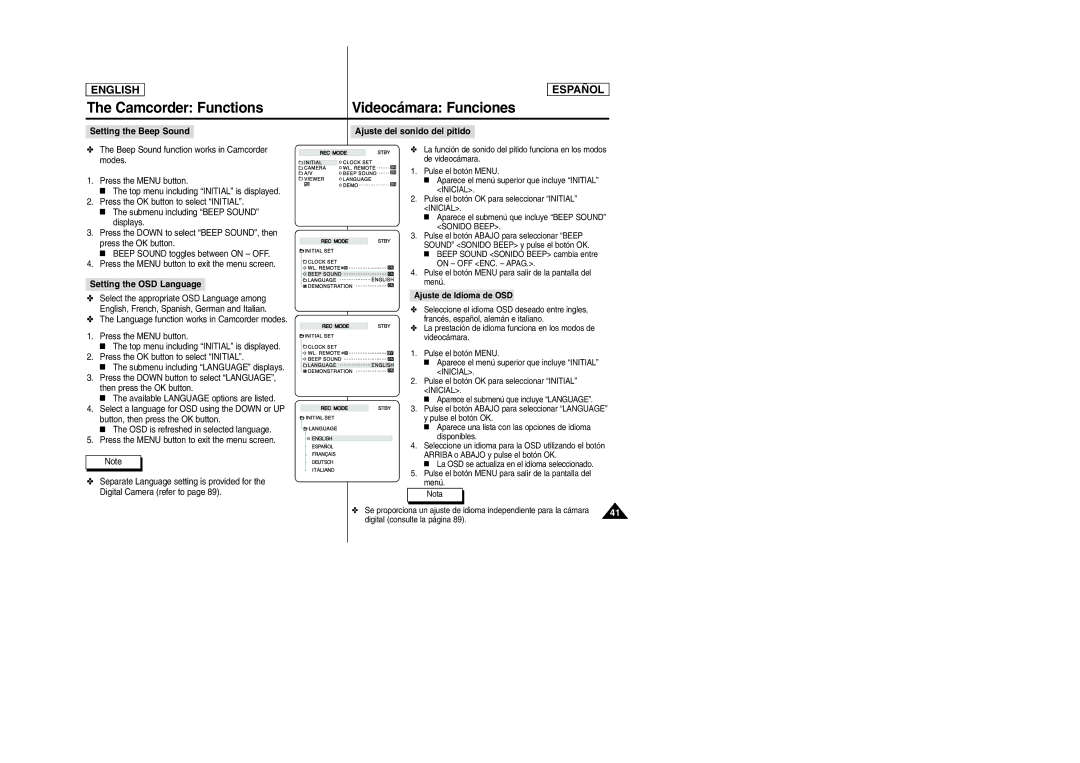 Samsung SCD6050 Setting the Beep Sound, Setting the OSD Language, Ajuste del sonido del pitido, Ajuste de Idioma de OSD 