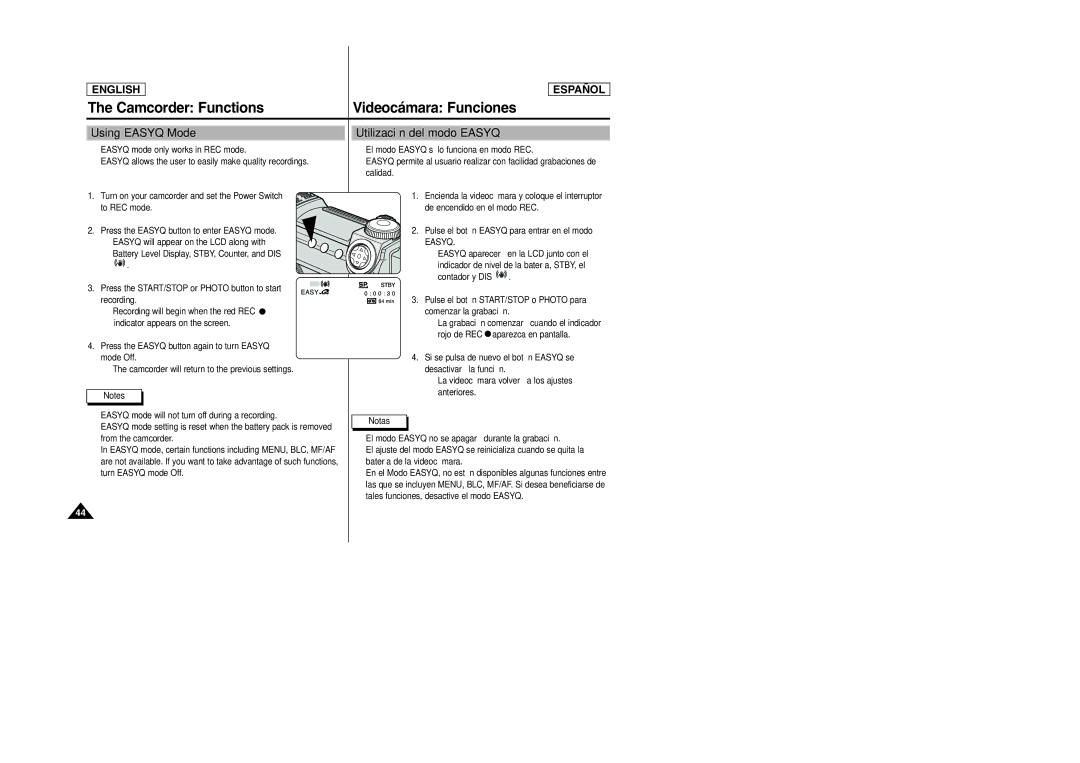 Samsung SCD6040, SCD6050 manual Camcorder Functions, Using Easyq Mode Utilización del modo Easyq 