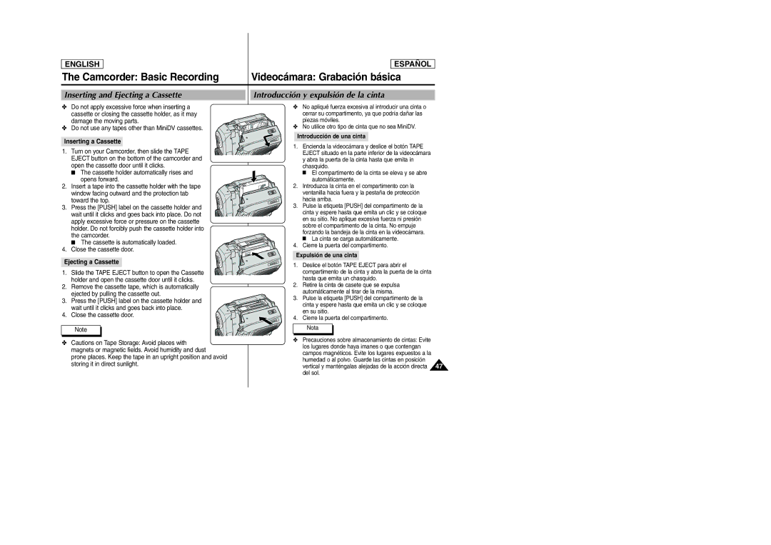 Samsung SCD6050 manual Camcorder Basic Recording, Inserting and Ejecting a Cassette, Introducción y expulsión de la cinta 