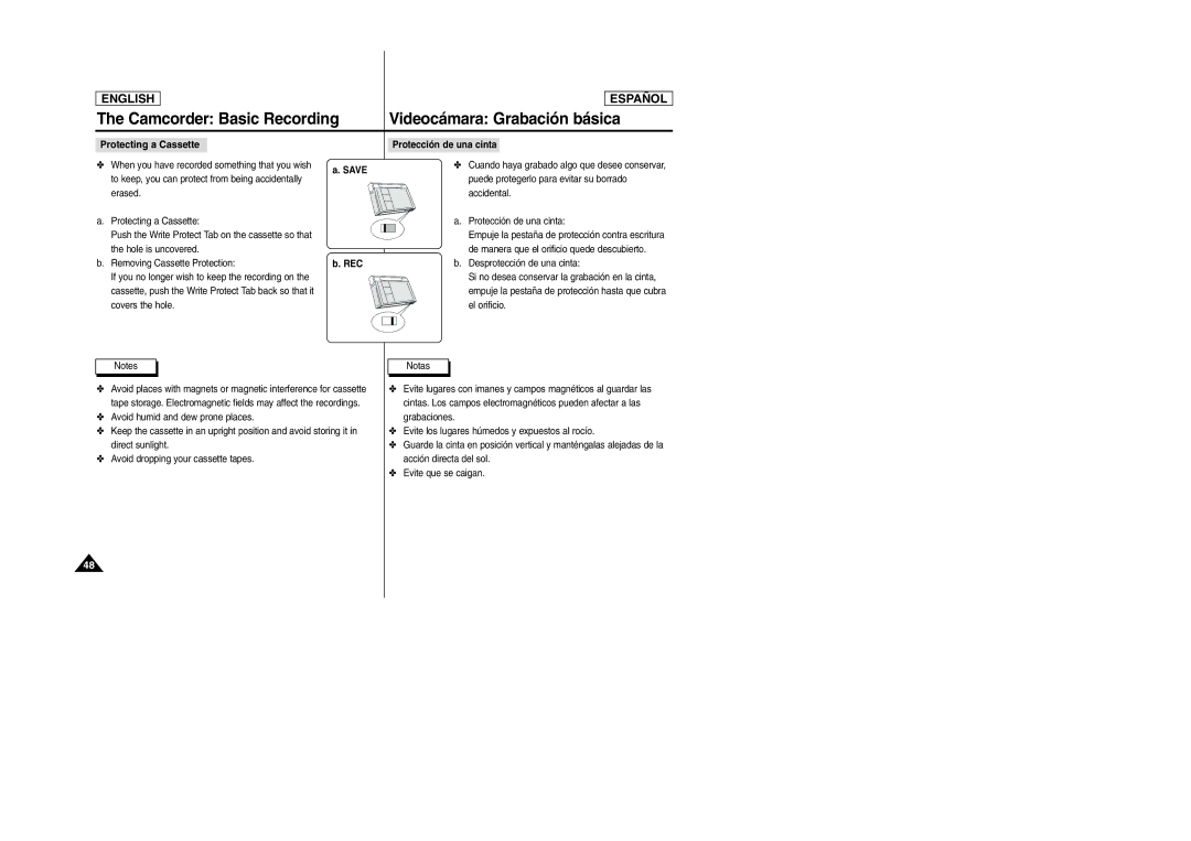 Samsung SCD6040, SCD6050 manual Videocámara Grabación básica, Protecting a Cassette, Save REC Protección de una cinta 