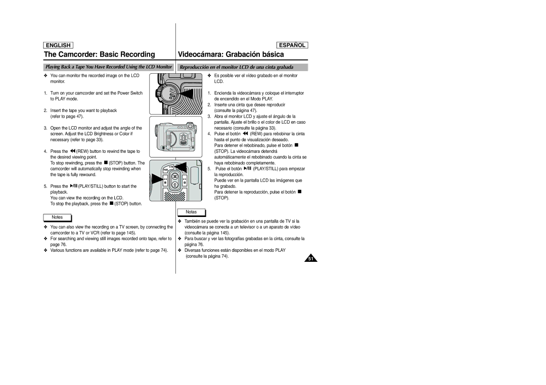 Samsung SCD6050, SCD6040 manual Camcorder Basic Recording Videocámara Grabación básica 