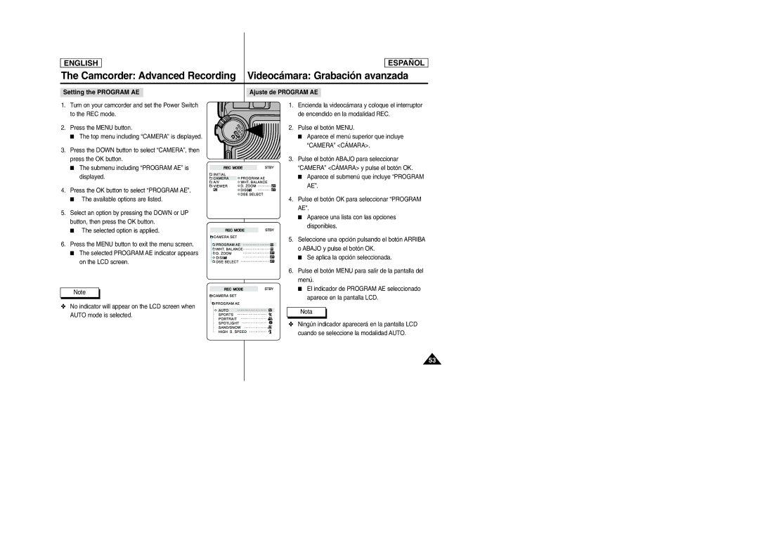 Samsung SCD6050 Camcorder Advanced Recording, Videocámara Grabación avanzada, Setting the Program AE Ajuste de Program AE 