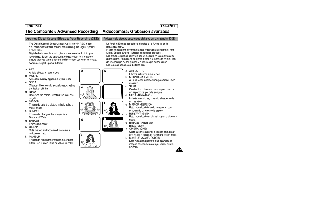 Samsung SCD6050, SCD6040 manual Applying Digital Special Effects to Your Recording DSE, Blk&Wht B&N 