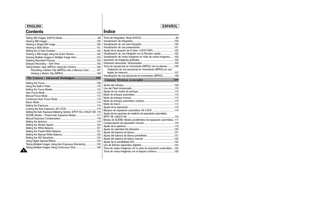 Samsung SCD6040, SCD6050 manual 109, Camera Advanced Techniques, Cámara Técnicas avanzadas 