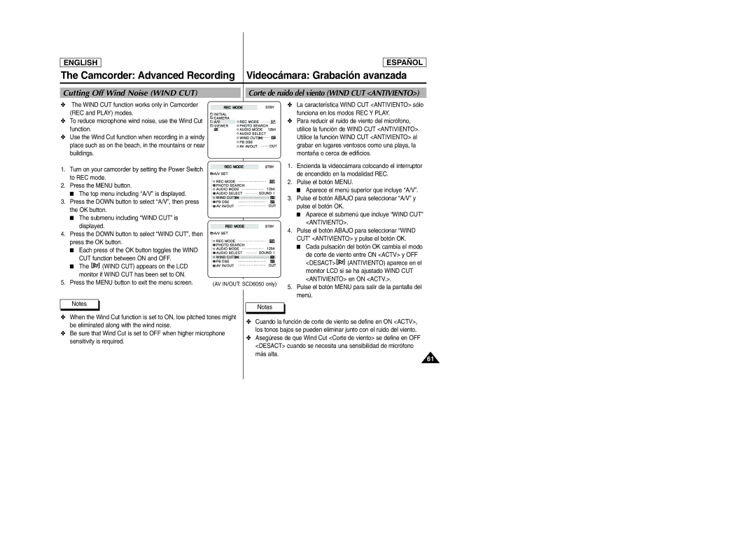 Samsung SCD6050, SCD6040 manual Cutting Off Wind Noise Wind CUT, Corte de ruido del viento Wind CUT Antiviento 