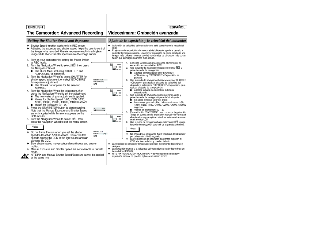Samsung SCD6040, SCD6050 manual Setting the Shutter Speed and Exposure, Ajuste de la exposición y la velocidad del obturador 