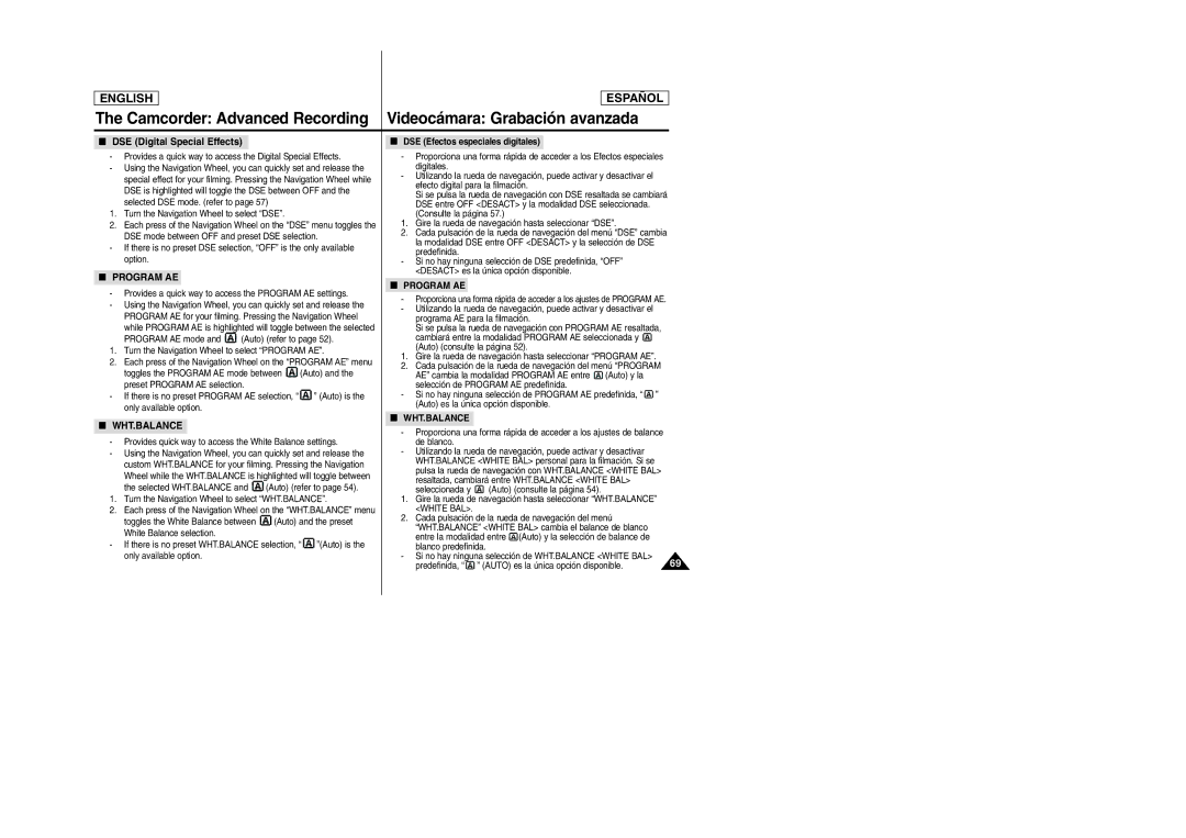 Samsung SCD6050, SCD6040 manual DSE Digital Special Effects, DSE Efectos especiales digitales 