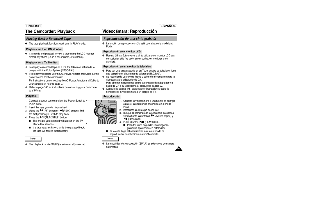 Samsung SCD6050, SCD6040 manual Camcorder Playback, Videocámara Reproducción, Playing Back a Recorded Tape 