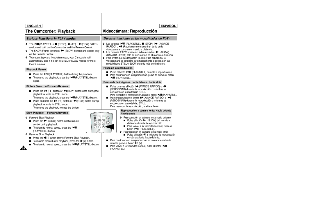 Samsung SCD6040, SCD6050 manual Various Functions in Play modes, Diversas funciones en las modalidades de Play 