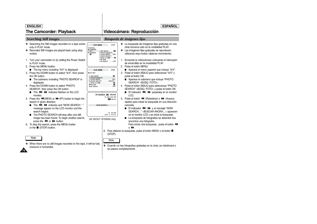 Samsung SCD6040, SCD6050 manual Camcorder Playback, Searching Still Images Búsqueda de imágenes fijas, Lcd 
