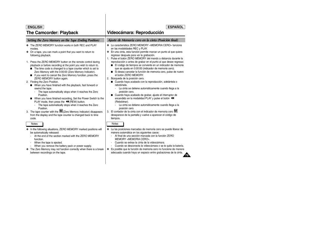 Samsung SCD6050 Ajuste de Memoria cero en la cinta Posición final, Setting the Zero Memory on the Tape Ending Position 