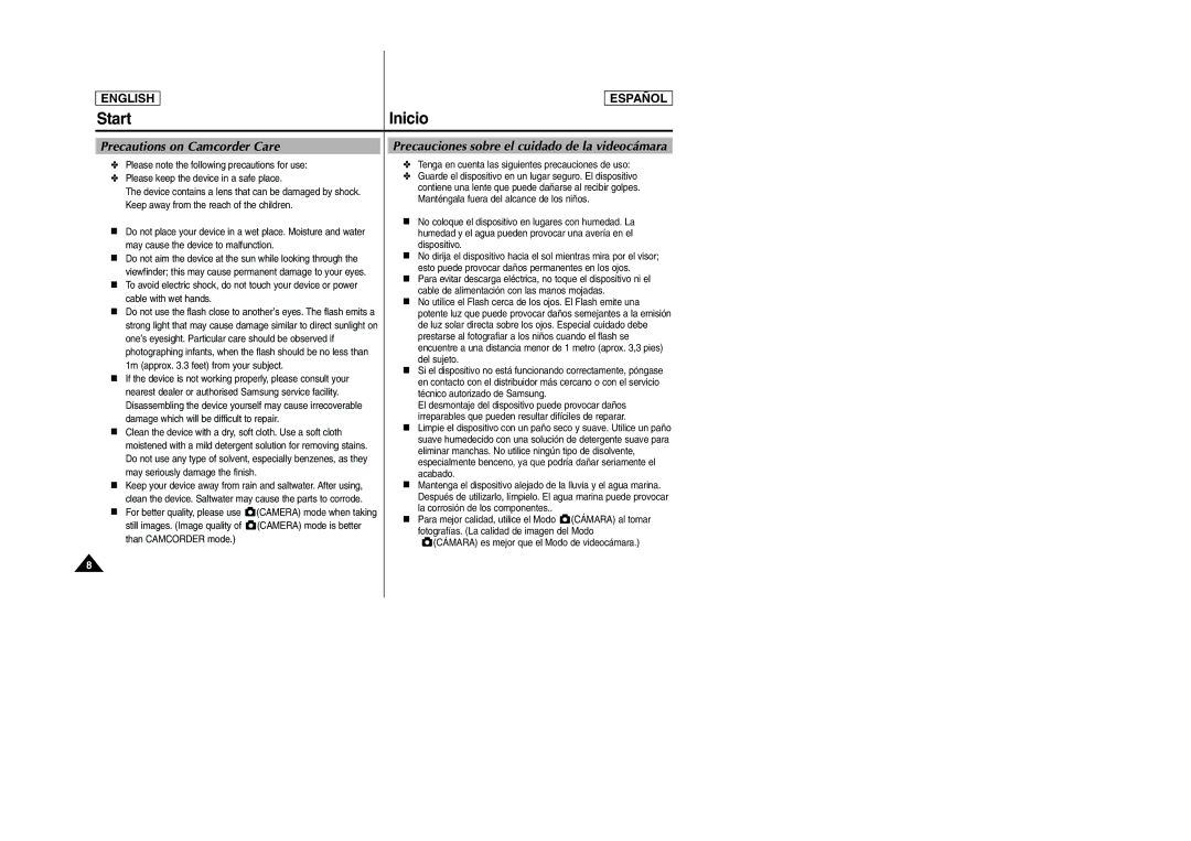 Samsung SCD6040, SCD6050 manual Start Inicio, Precautions on Camcorder Care, Precauciones sobre el cuidado de la videocámara 