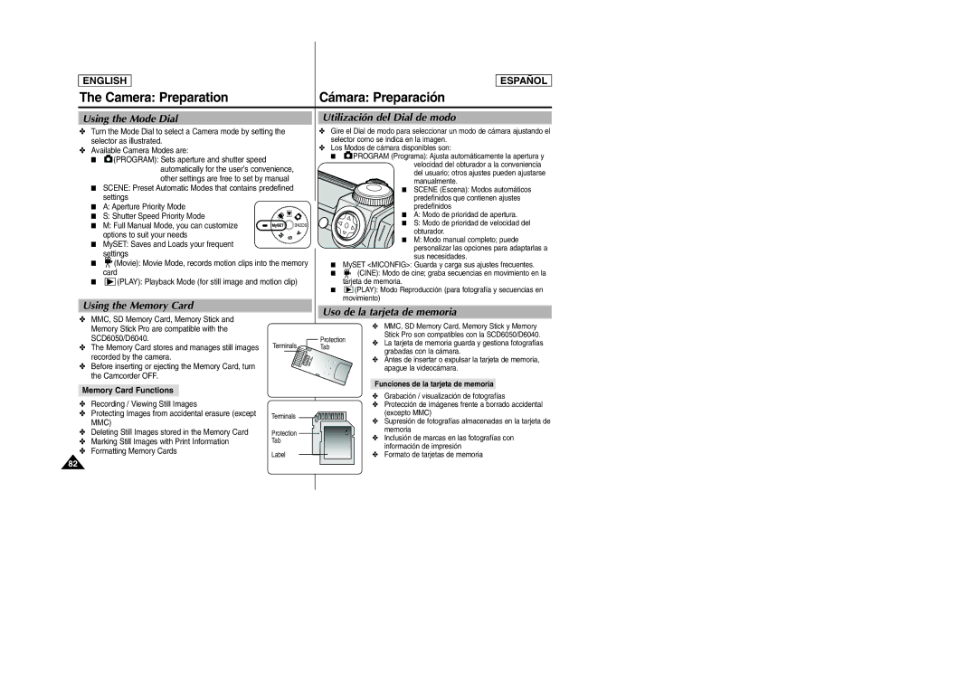 Samsung SCD6040, SCD6050 manual Camera Preparation Cámara Preparación, Using the Mode Dial, Using the Memory Card 