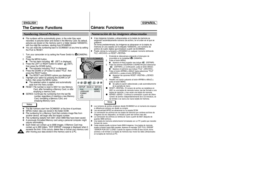 Samsung SCD6040 manual Camera Functions Cámara Funciones, Numbering Stored Pictures, Numeración de las imágenes almacenadas 