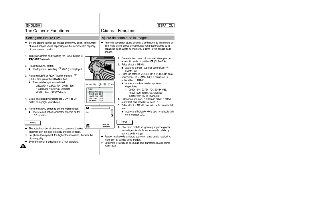 Samsung SCD6040 manual Camera Functions Cámara Funciones, Setting the Picture Size Ajuste del tamaño de la imagen, Tamaño 