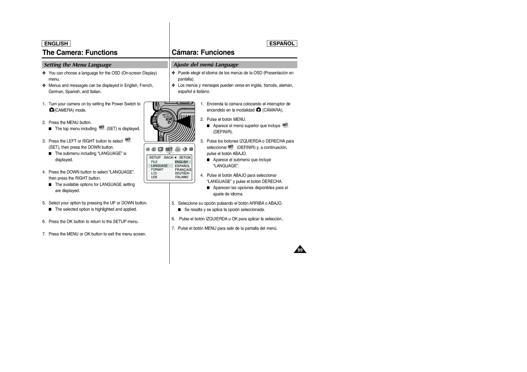 Samsung SCD6050, SCD6040 manual Setting the Menu Language Ajuste del menú Language, Definir 