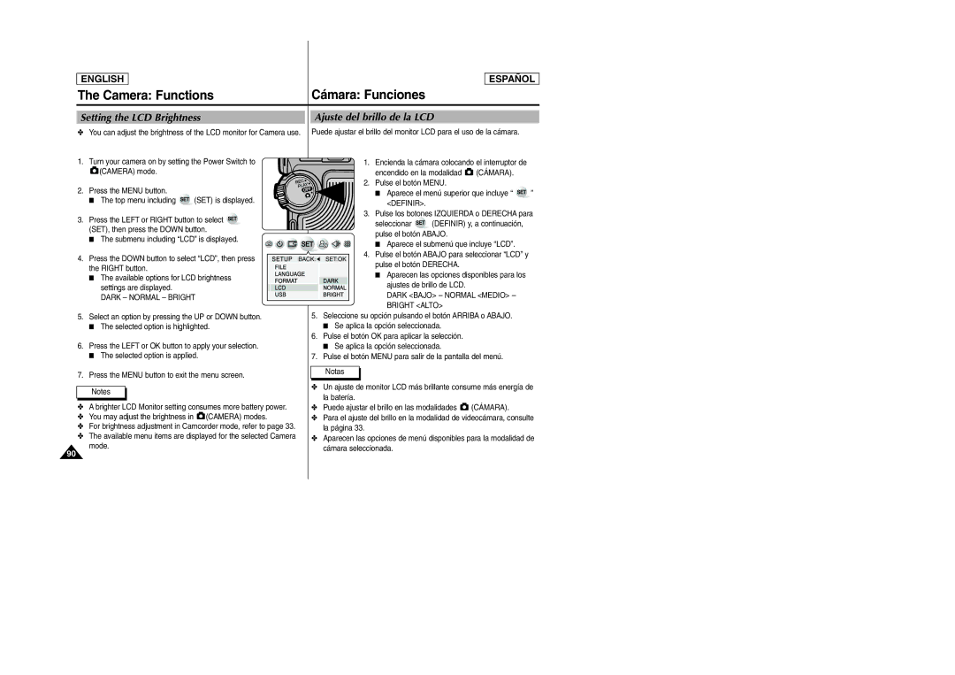 Samsung SCD6040, SCD6050 manual Setting the LCD Brightness, Ajuste del brillo de la LCD, Dark Normal Bright 