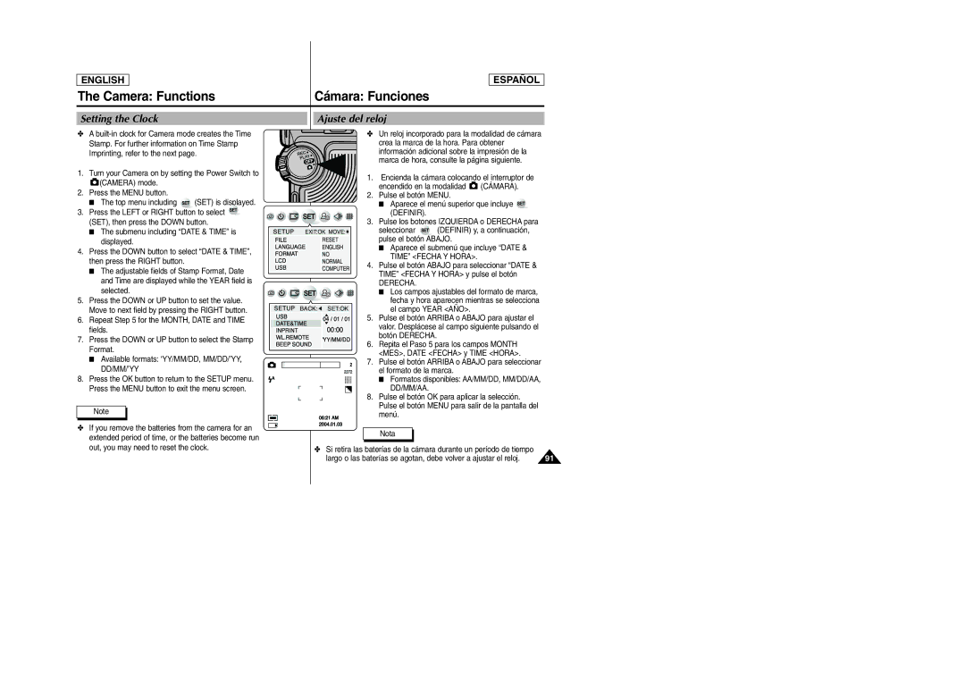 Samsung SCD6050, SCD6040 manual Setting the Clock, Ajuste del reloj, Time Fecha Y Hora, Derecha, Dd/Mm/Aa 