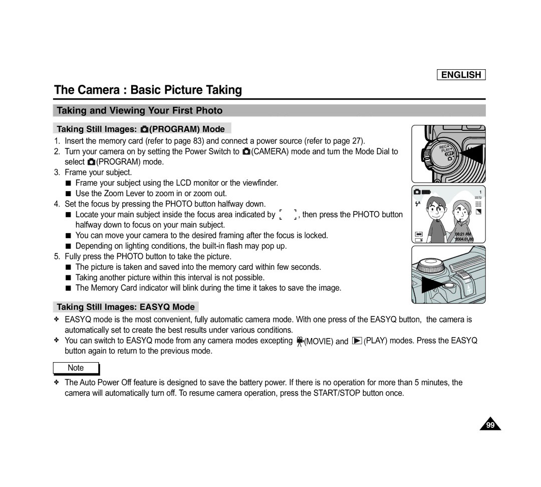 Samsung SCD6040 manual Camera Basic Picture Taking, Taking and Viewing Your First Photo, Taking Still Images Program Mode 