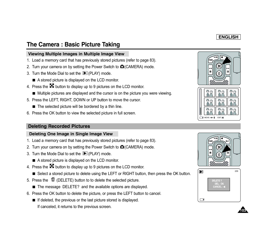 Samsung SCD6040 manual Deleting Recorded Pictures, Viewing Multiple Images in Multiple Image View 