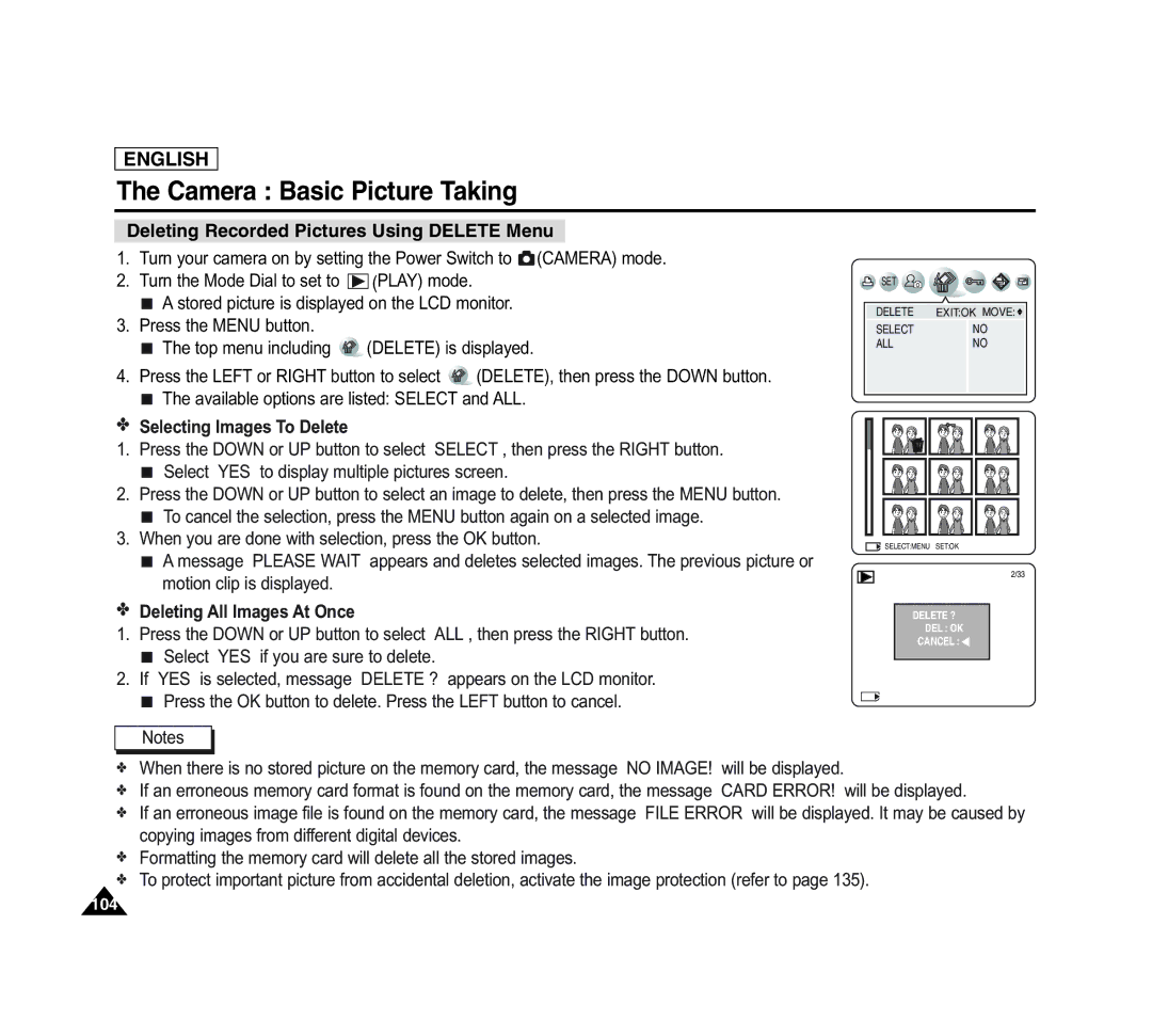 Samsung SCD6040 Deleting Recorded Pictures Using Delete Menu, Selecting Images To Delete, Deleting All Images At Once 