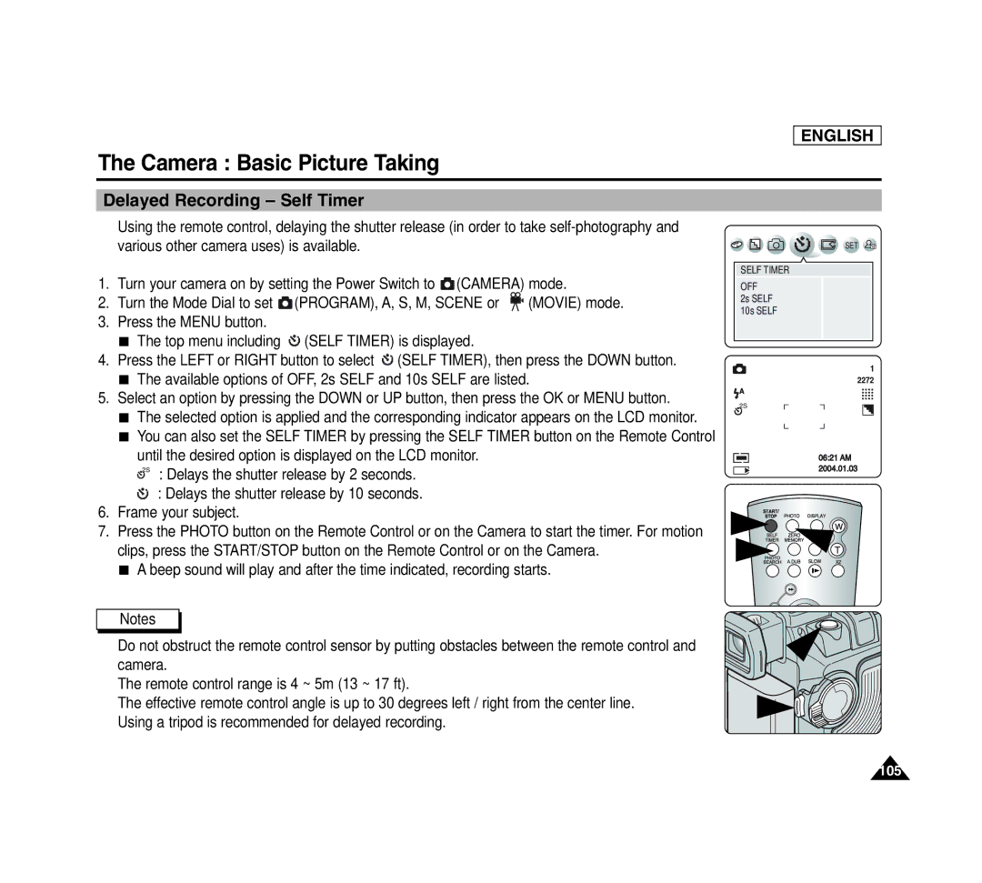 Samsung SCD6040 manual Delayed Recording Self Timer, Available options of OFF, 2s Self and 10s Self are listed 