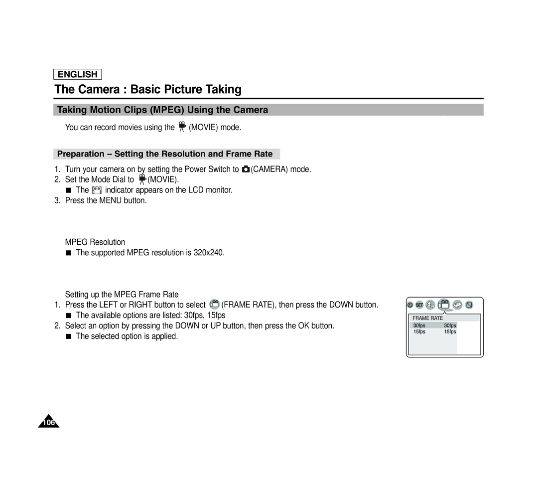 Samsung SCD6040 manual Taking Motion Clips Mpeg Using the Camera, Preparation Setting the Resolution and Frame Rate 