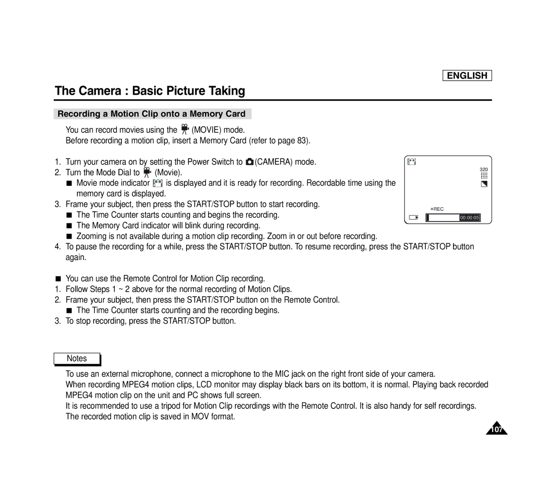 Samsung SCD6040 manual Recording a Motion Clip onto a Memory Card 