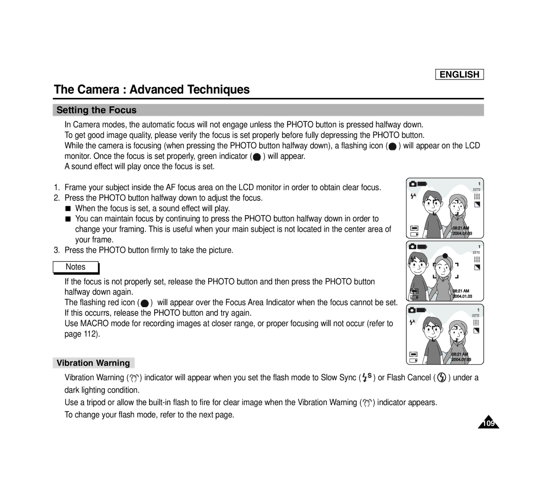 Samsung SCD6040 manual Camera Advanced Techniques, Setting the Focus, Vibration Warning 