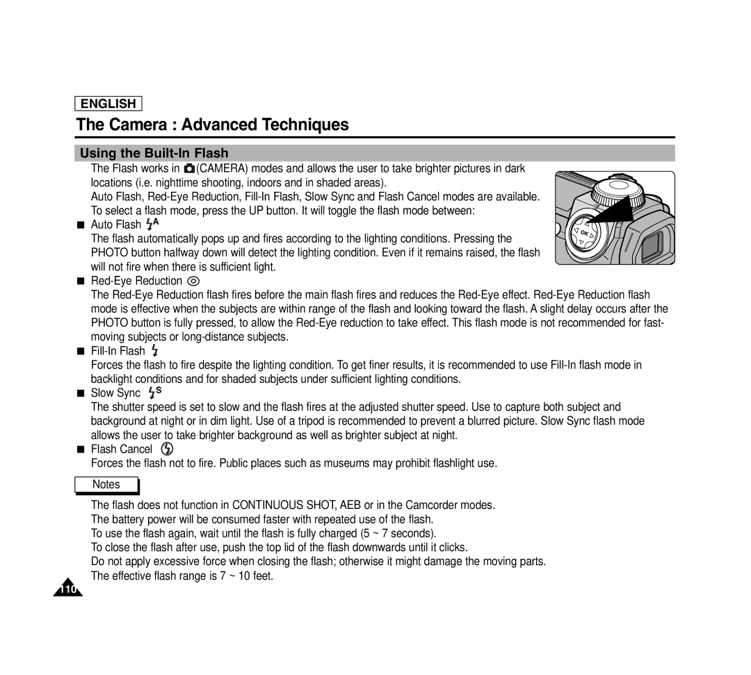 Samsung SCD6040 manual Using the Built-In Flash, Fill-In Flash 