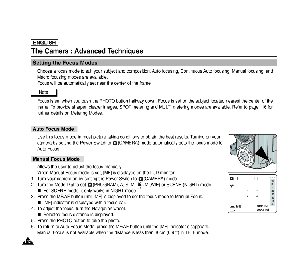 Samsung SCD6040 manual Setting the Focus Modes, Auto Focus Mode, Manual Focus Mode 